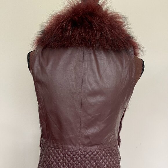 NWOT Burgundy Brown Leather Vest Real Fox Fur S size - Picture 4 of 16